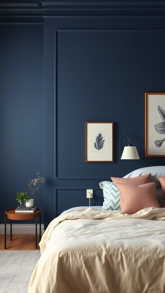 A cozy bedroom featuring a dramatic navy blue wall with elegant paneling, complemented by light bedding and framed art.