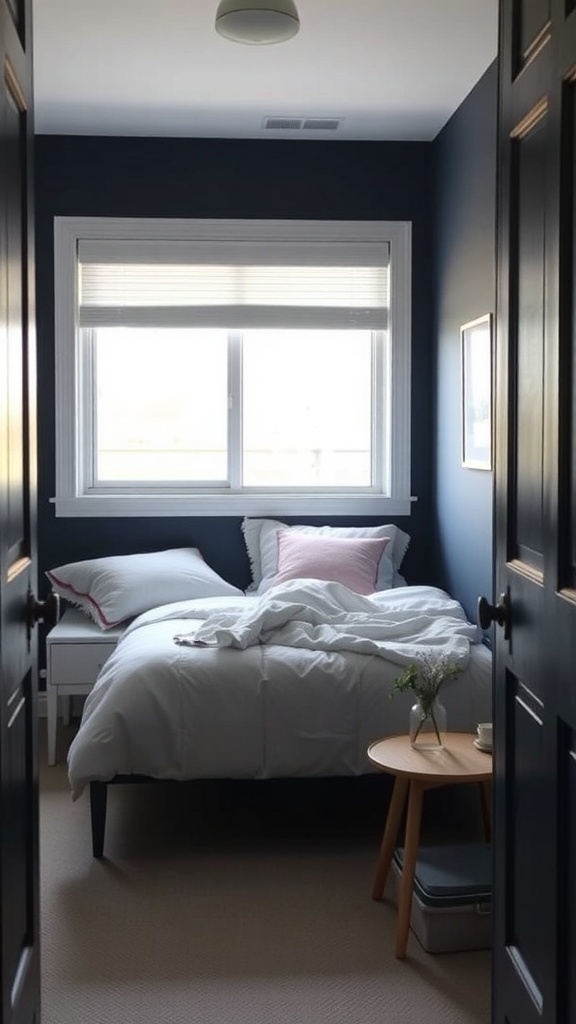A small bedroom with navy blue walls, white bedding, and natural light from a window.