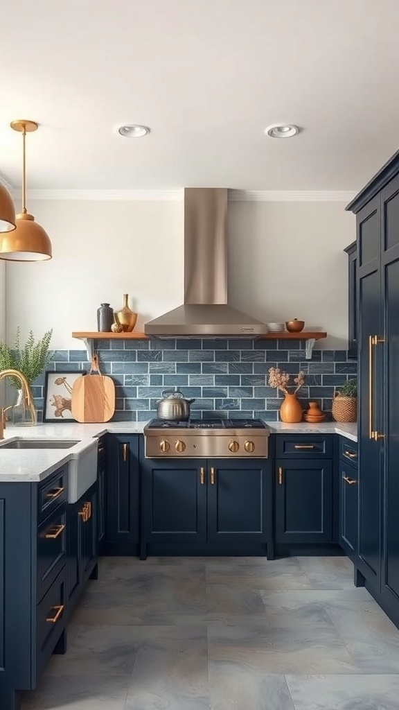 A modern kitchen featuring navy blue cabinets, a gray floor, and brass hardware.