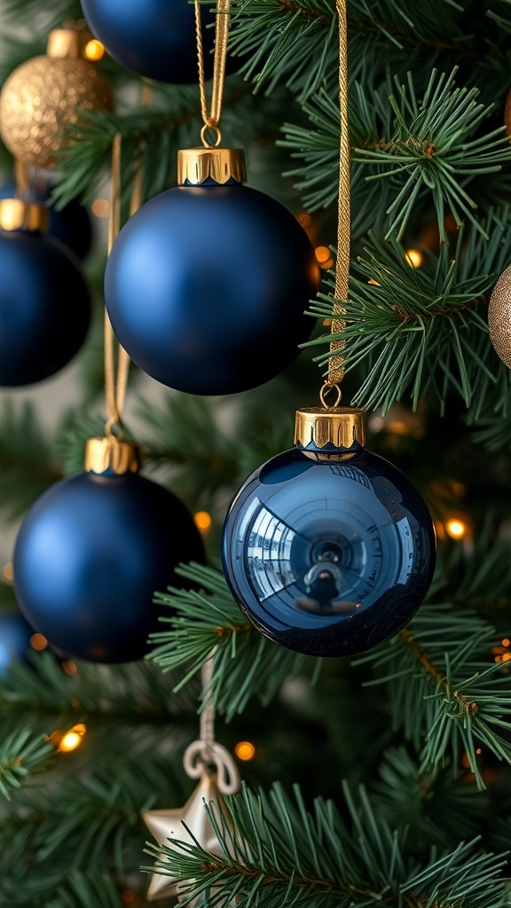 Navy ornaments with gold accents hanging on a Christmas tree