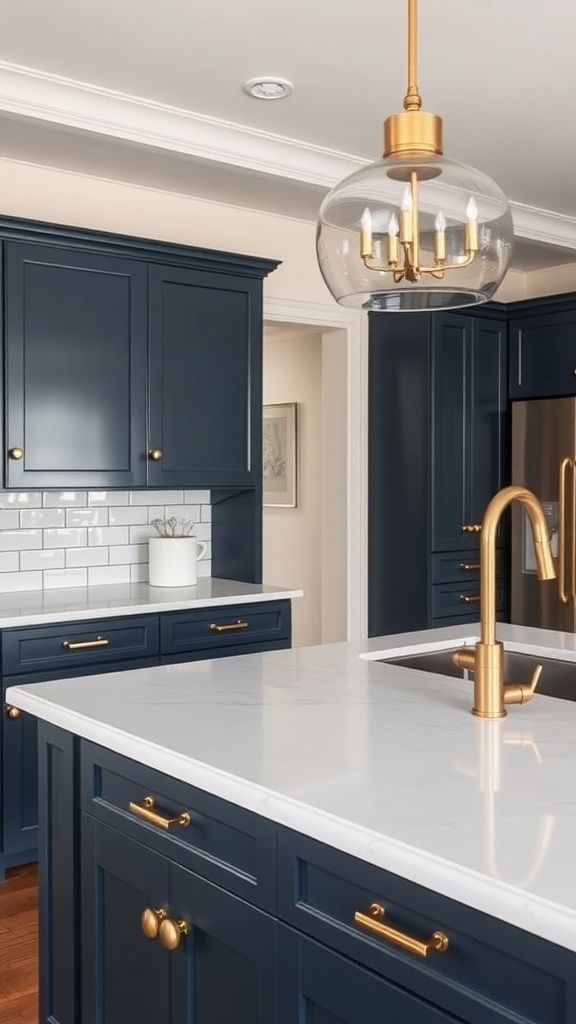 A modern kitchen featuring navy shaker cabinets with brass hardware, white marble countertops, and a glass pendant light.