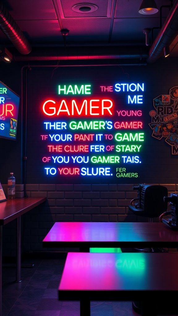 A colorful neon sign with gaming quotes on a wall, creating a vibrant atmosphere in a gaming room.