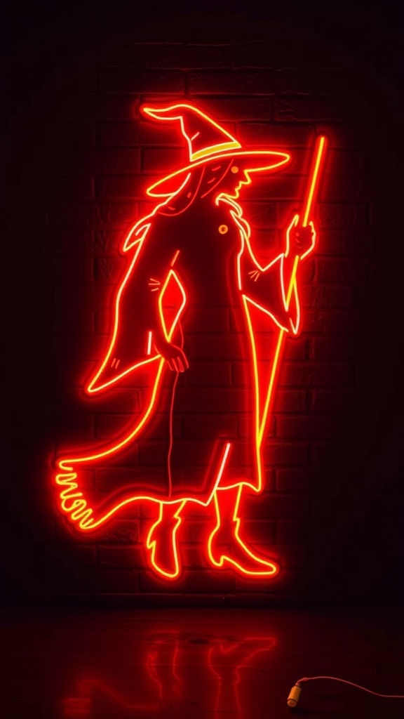A neon lamp depicting a witch with a broomstick, glowing in bright colors against a dark background.