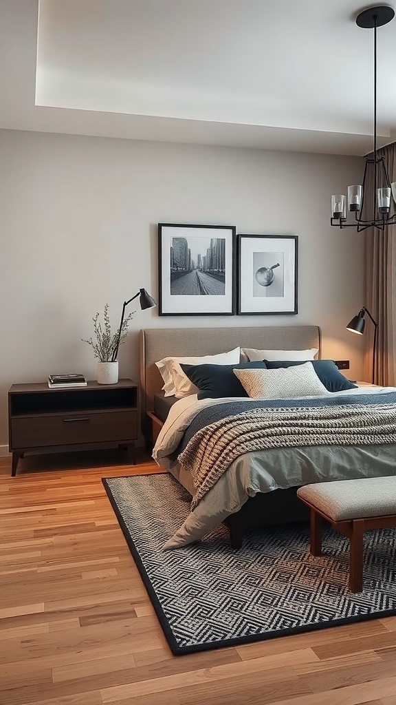 Stylish bedroom with neutral colors, wooden flooring, and modern decor