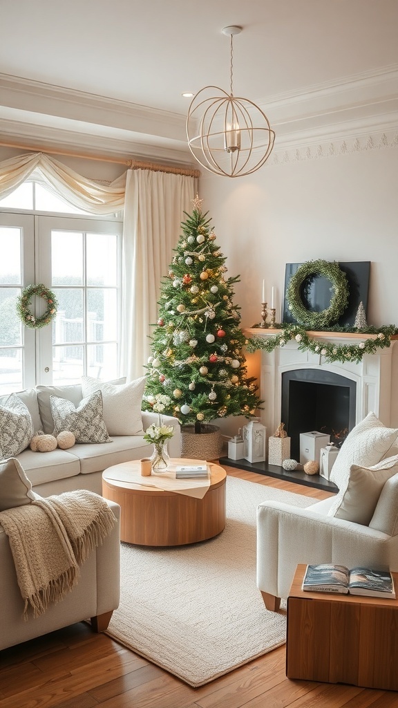 A cozy living room decorated for Christmas with a neutral and white palette, featuring a Christmas tree, soft furniture, and elegant decor.