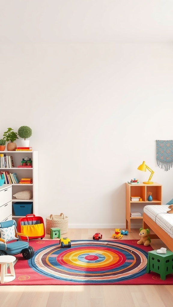 A bright and playful boys room with a neutral backdrop, colorful rug, and toys.
