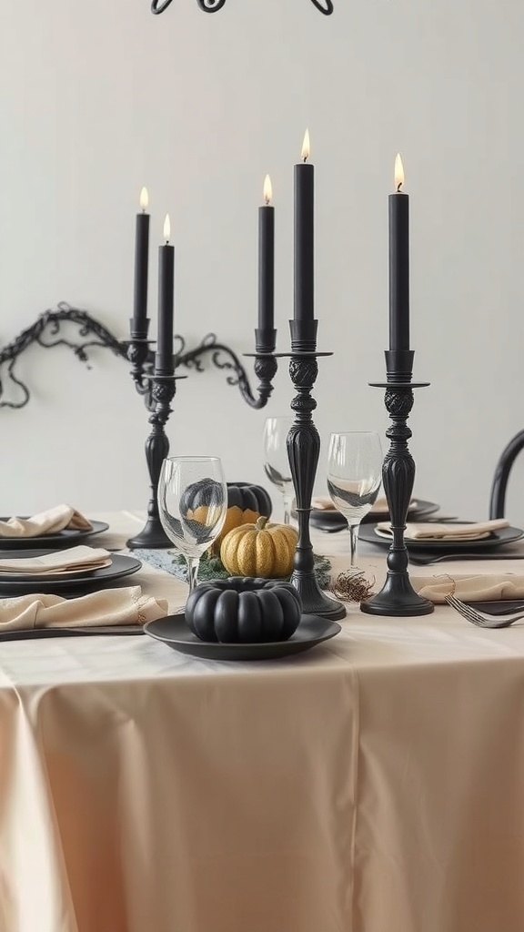 Halloween table centerpiece with black candles, black and gold pumpkins on a beige tablecloth.