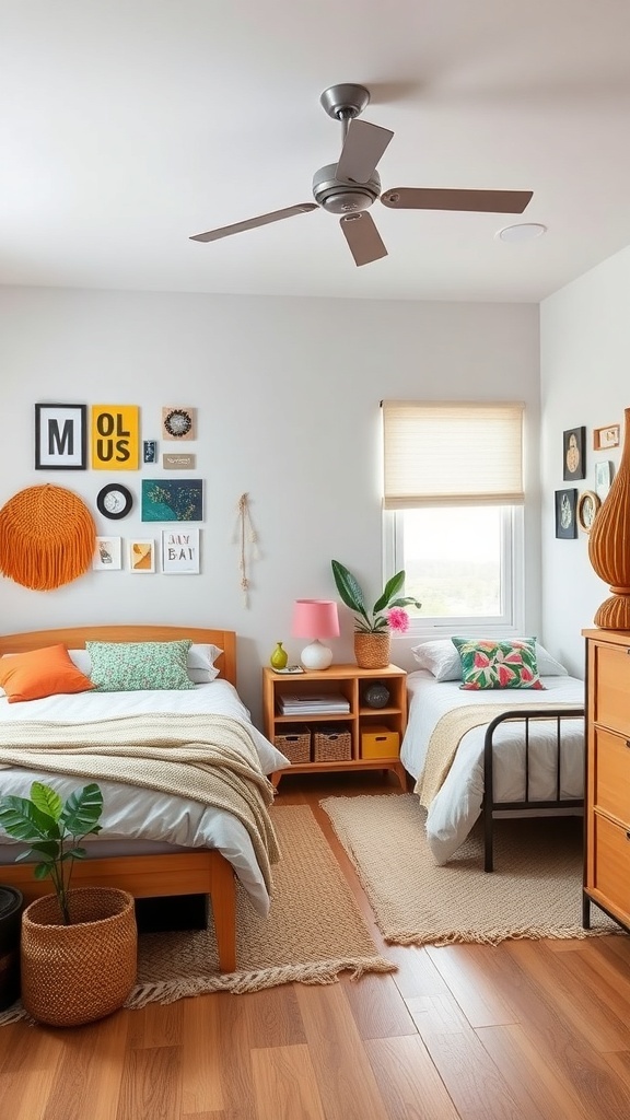 A shared bedroom featuring neutral walls and bedding with colorful accents, including throw pillows and artwork.