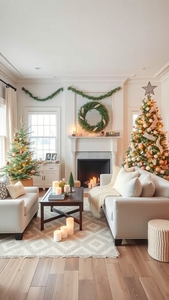 A cozy living room decorated for Christmas with a neutral color palette, featuring a Christmas tree, candles, and natural elements.