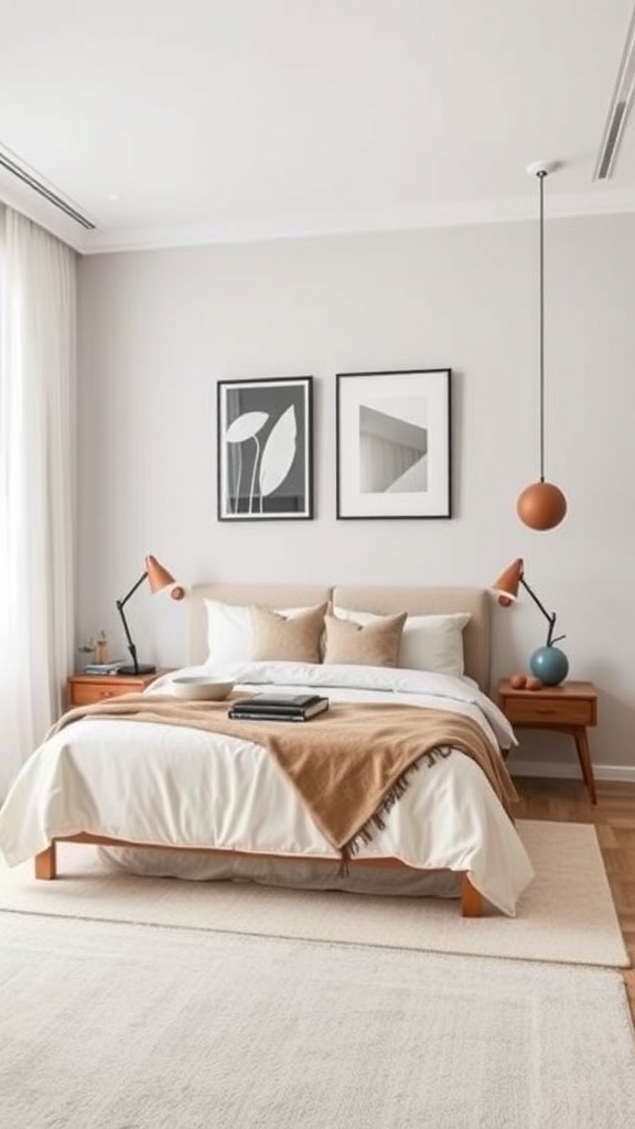 A stylish loft bedroom featuring neutral gray walls, a cozy bed with white linens and a tan throw, modern artwork, and colorful lighting fixtures.
