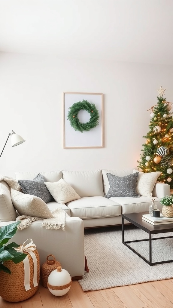 A minimalist Scandinavian living room decorated for Christmas with a neutral color palette, featuring a cozy couch, a simple Christmas tree, and a wreath on the wall.