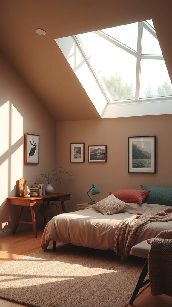 A cozy rustic bedroom with a neutral earthy color palette, featuring natural light, wooden furniture, and soft bedding.
