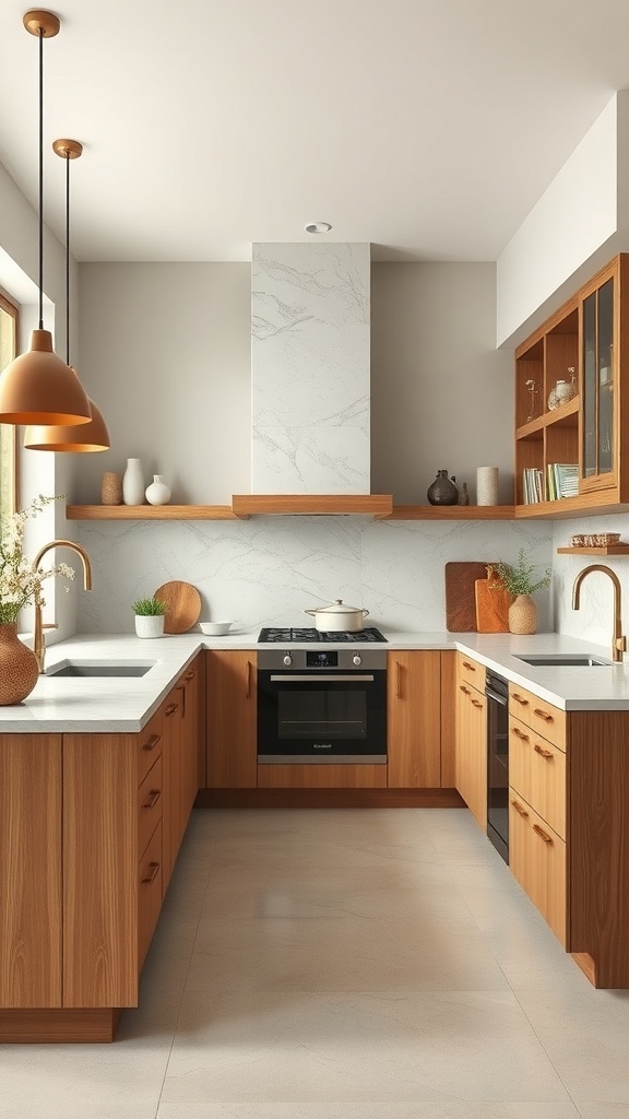A modern kitchen featuring cashmere cabinets, light countertops, and warm wood accents.