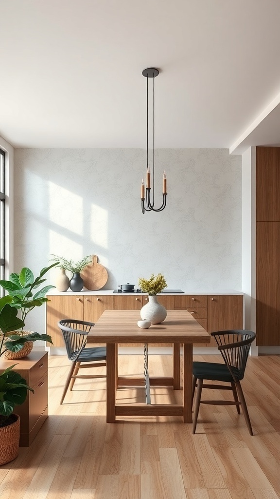 A modern kitchen-dining area featuring a wooden table, black chairs, and a neutral focal wall.