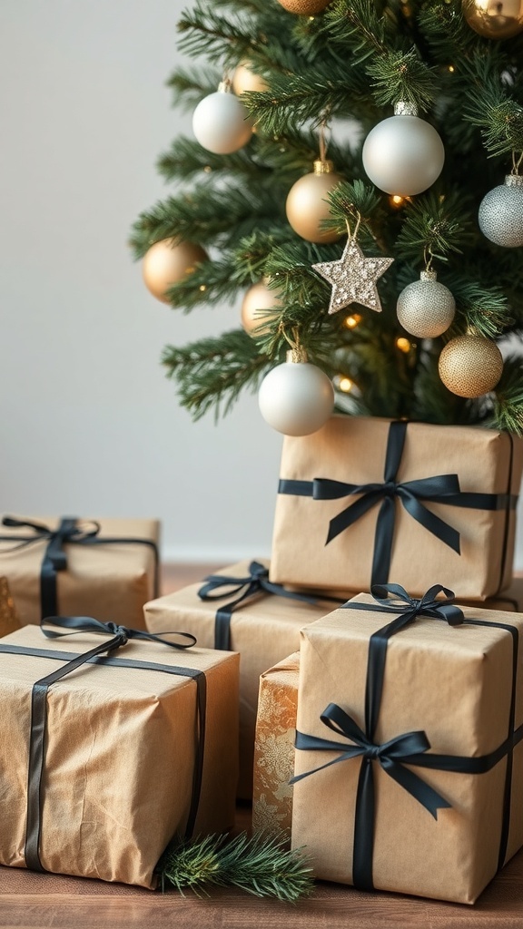 Wrapped gifts in kraft paper with black ribbons under a Christmas tree