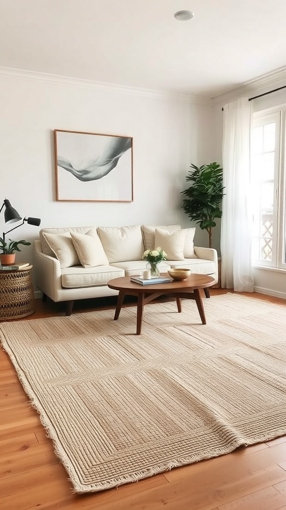 A cozy living room with a neutral layered rug, featuring a light sofa, wooden coffee table, and a plant.