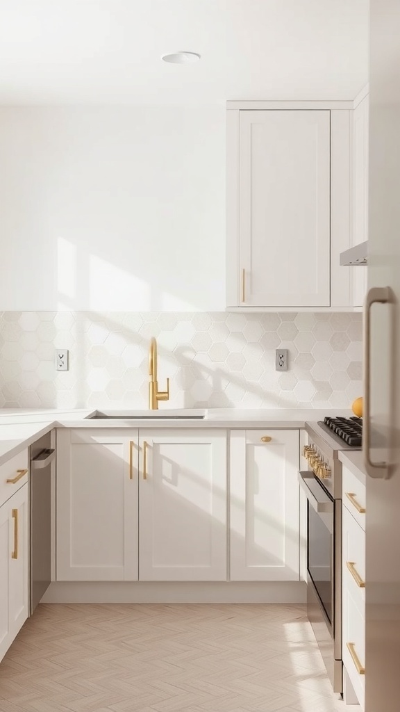 A modern kitchen featuring a neutral mosaic tile backsplash with hexagonal tiles, gold hardware, and bright cabinetry.
