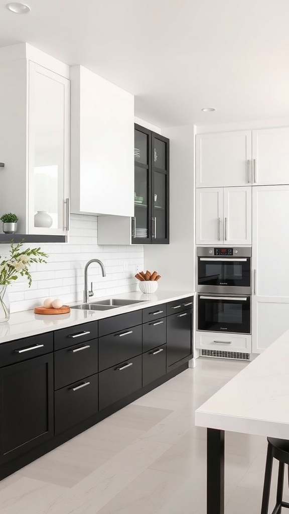 A modern kitchen featuring a combination of white and black cabinets, showcasing a stylish and neutral palette.