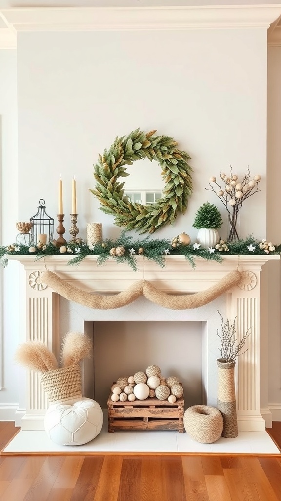 A modern Christmas mantel decorated with a neutral palette featuring a wreath, candles, and decorative elements.