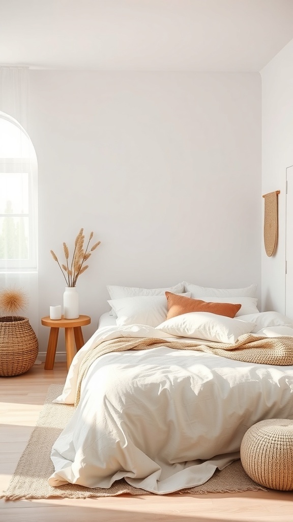 Minimalist bedroom with neutral colors and earthy accents.
