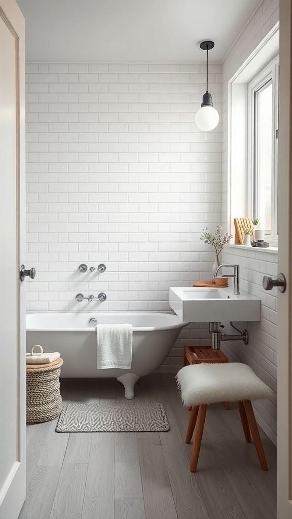 A cozy Scandinavian bathroom featuring a neutral palette with wooden accents and a small plant.