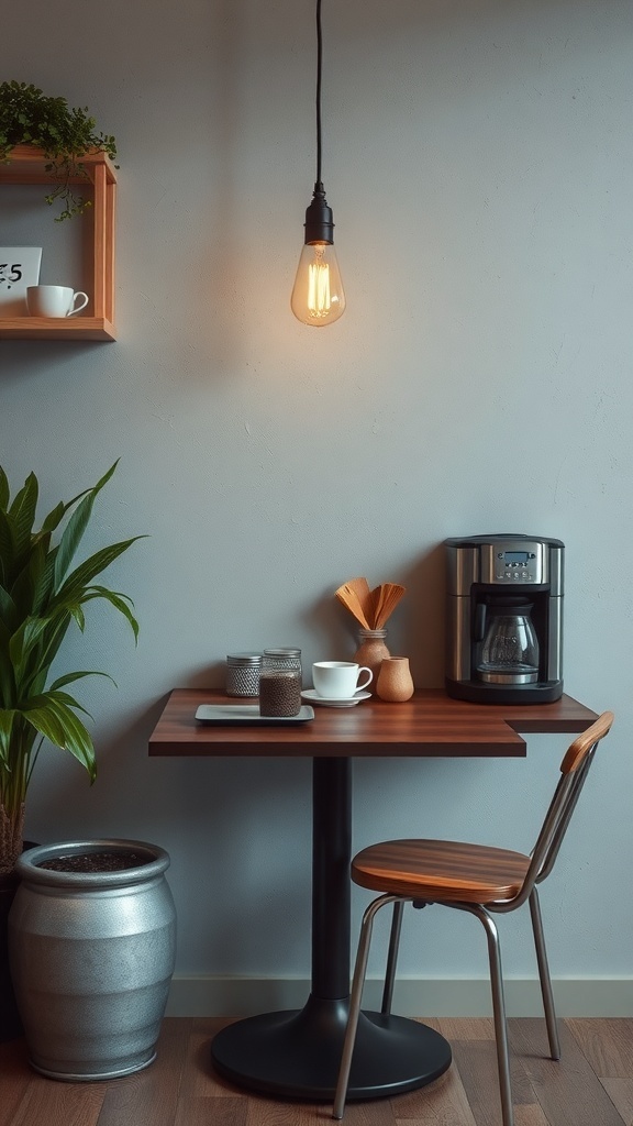 A cozy coffee corner featuring a wooden table, metal chair, and warm lighting.