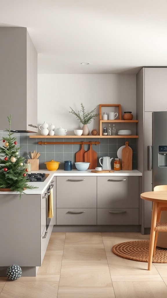 A modern kitchen with gray cabinets, wooden shelves, colorful dishes, and a small Christmas tree.