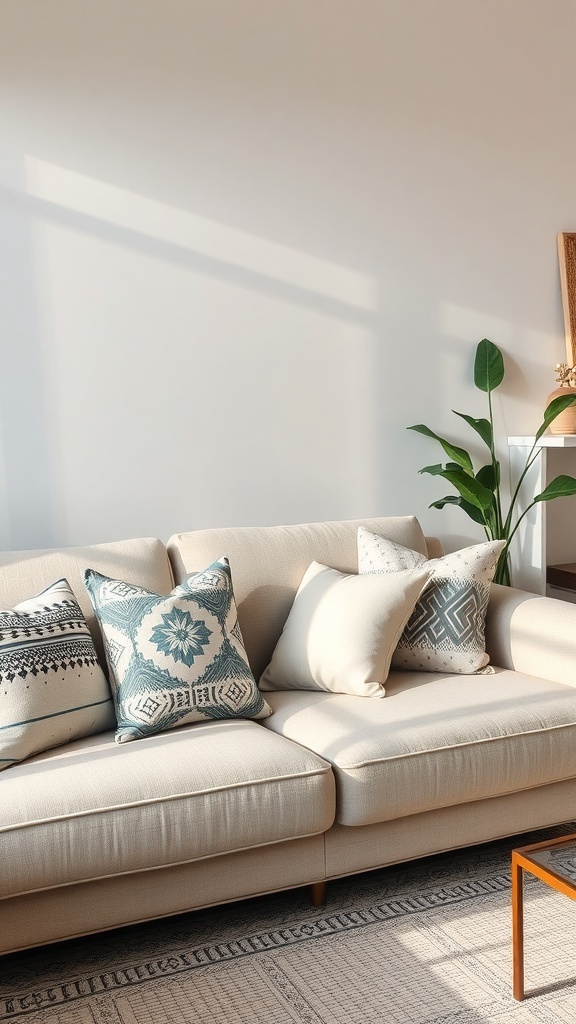 A neutral sofa adorned with patterned pillows, showcasing a cozy living room setup.