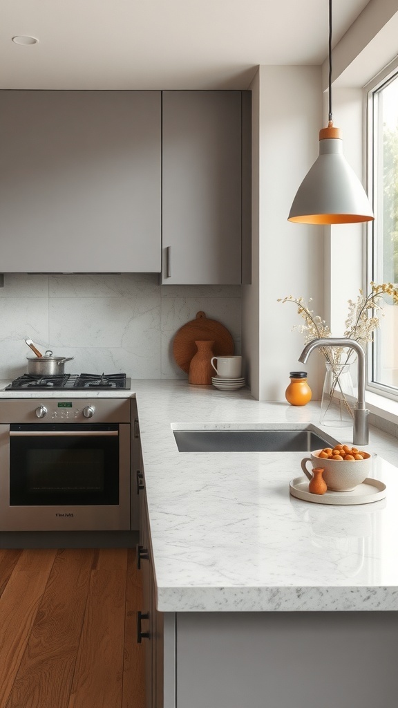 A modern kitchen featuring a neutral stone blend countertop, gray cabinetry, and warm wooden flooring.