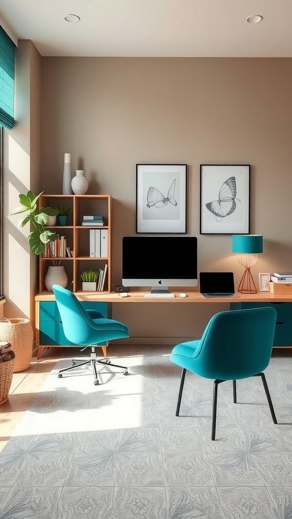 A modern workspace featuring neutral taupe walls and bright teal furniture.