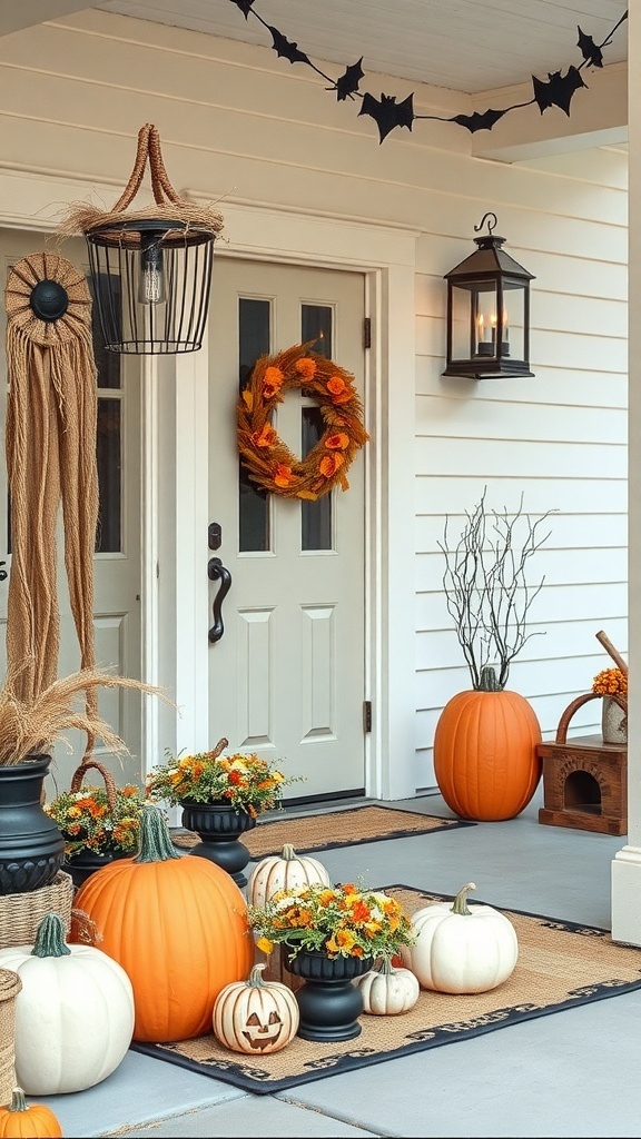 A Halloween porch decorated with pumpkins, flowers, and natural textures in neutral tones.