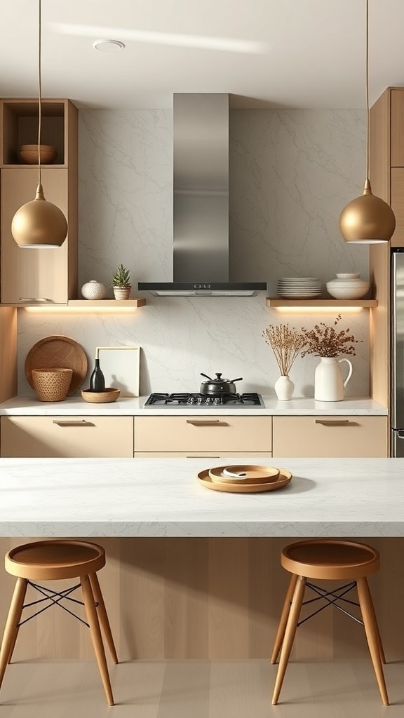 A sleek kitchen featuring neutral tones, light marble countertops, and stylish decor.