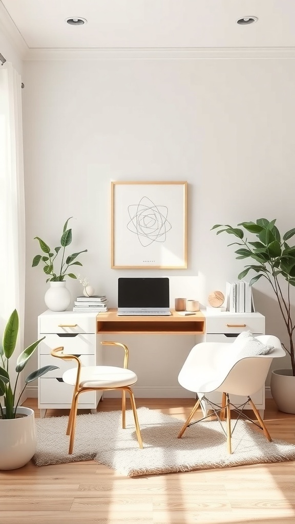 A stylish home office with neutral tones, featuring a wooden desk, ambient lighting, and plants.