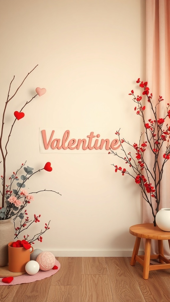 A cozy Valentine decor setup featuring branches with hearts, a wooden floor, and a warm color palette.