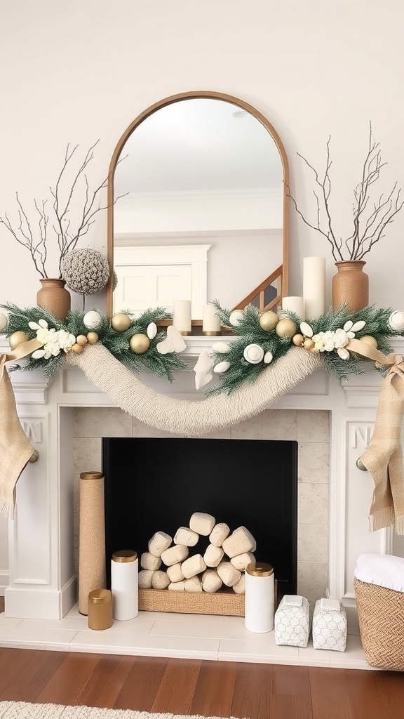 A cozy and chic Christmas mantel decorated with a neutral winter palette, featuring an evergreen garland, a round mirror, and various vases.