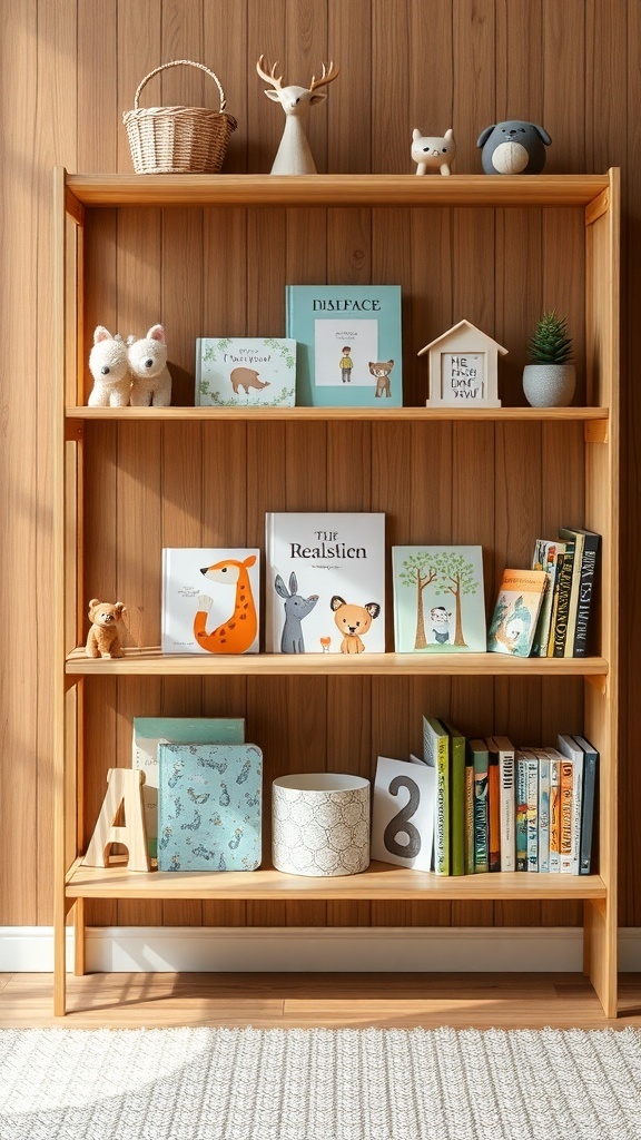 A neutral wooden bookshelf filled with children's books and decorative items in a nursery setting.