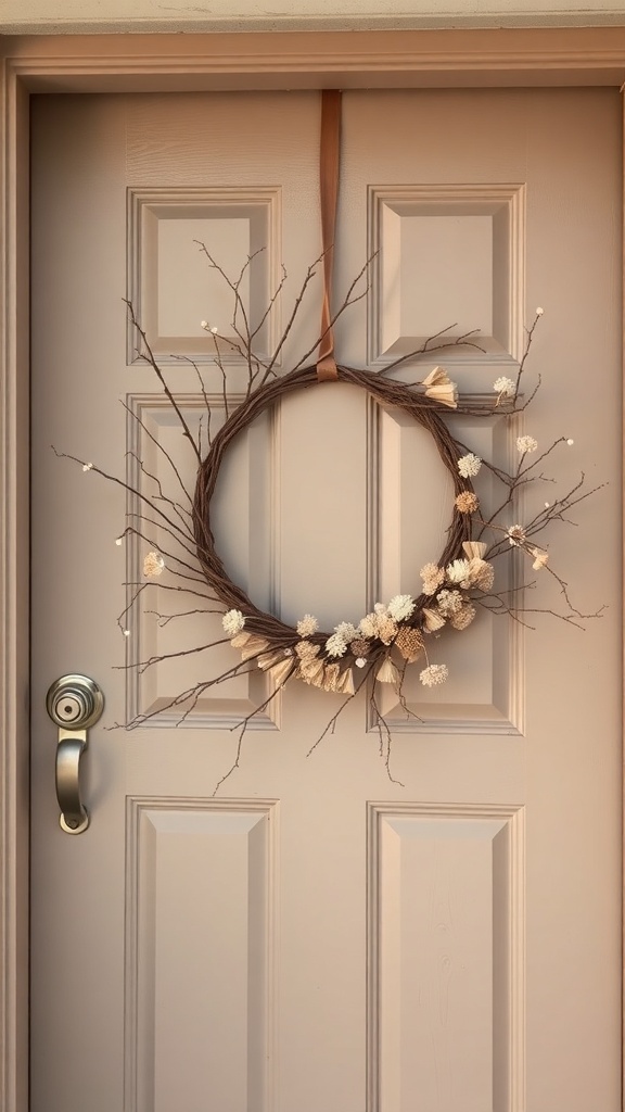 A neutral wreath made of twigs and soft flowers hanging on a door.