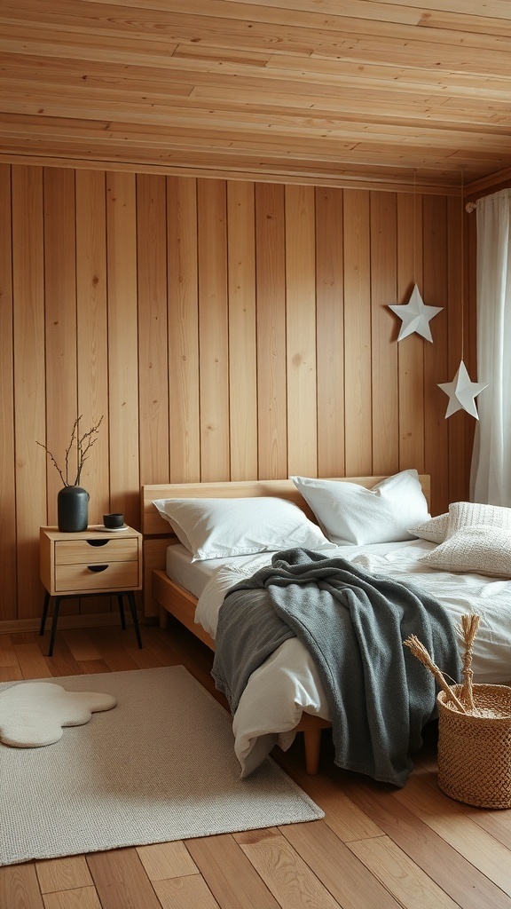 Cozy bedroom with wooden walls, white bedding, and minimal decor for a Nordic minimalist style.