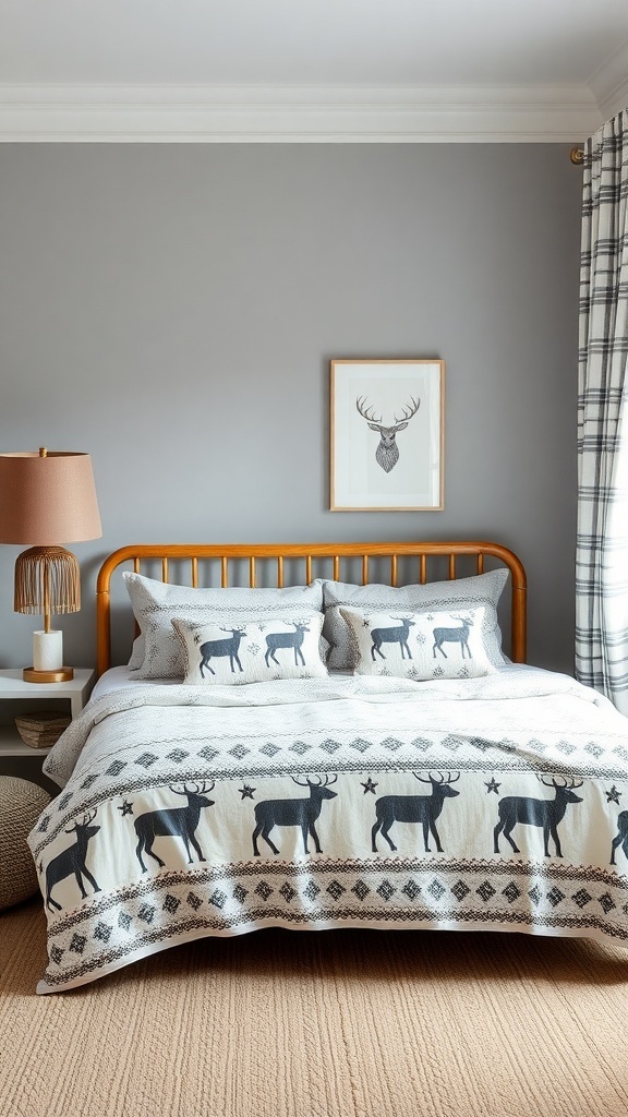 Cozy bedroom with Nordic pattern bedding featuring reindeer print.