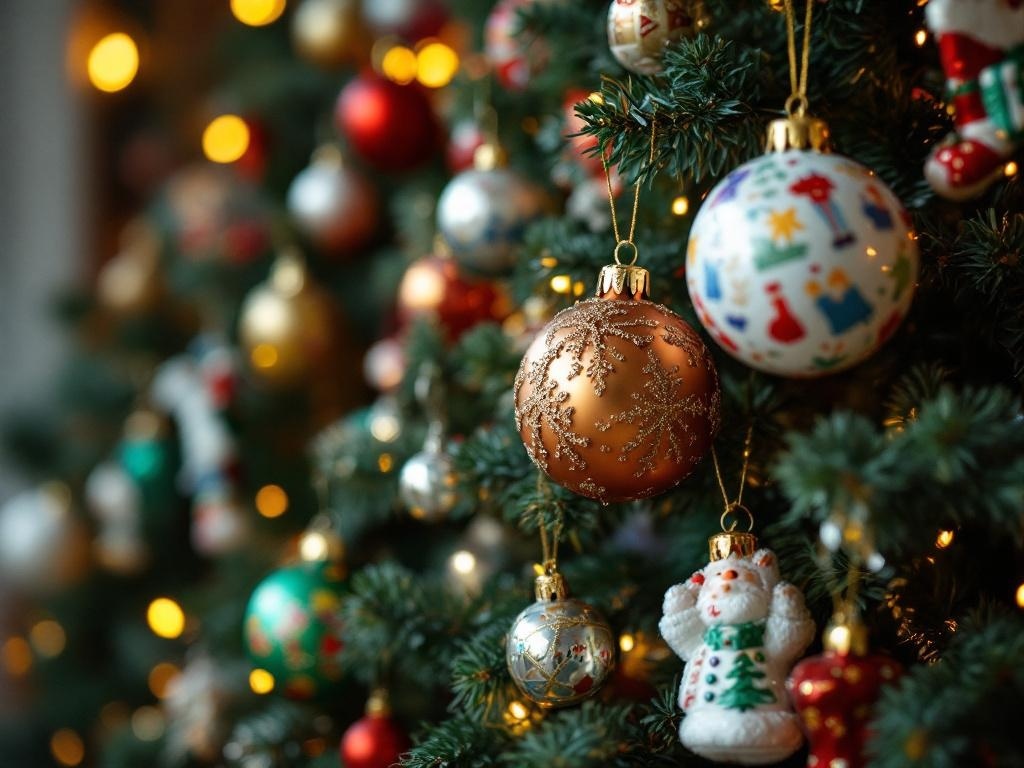 A close-up of colorful vintage Christmas ornaments hanging on a tree, featuring shiny baubles and a snowman figurine.