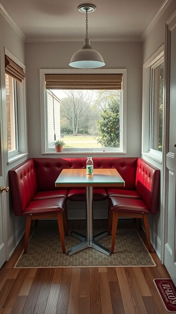A cozy breakfast nook with a red banquette and a small table, featuring a bottle of water on the table.