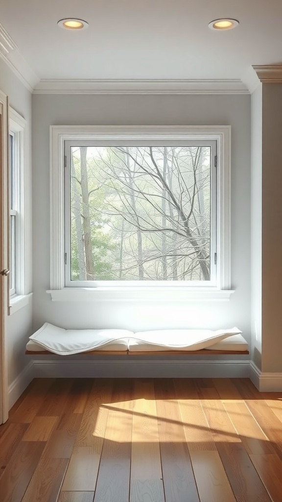 A cozy breakfast nook with a simple bench by a window, showcasing natural light and wooden flooring.