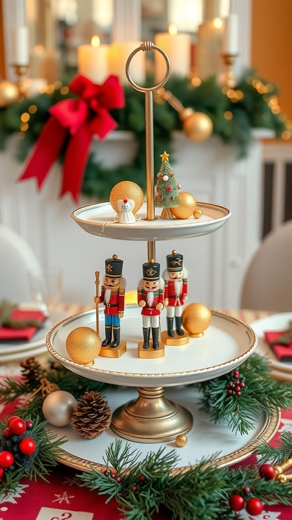 A festive tiered tray with nutcracker figurines, ornaments, and greenery for Christmas decoration.