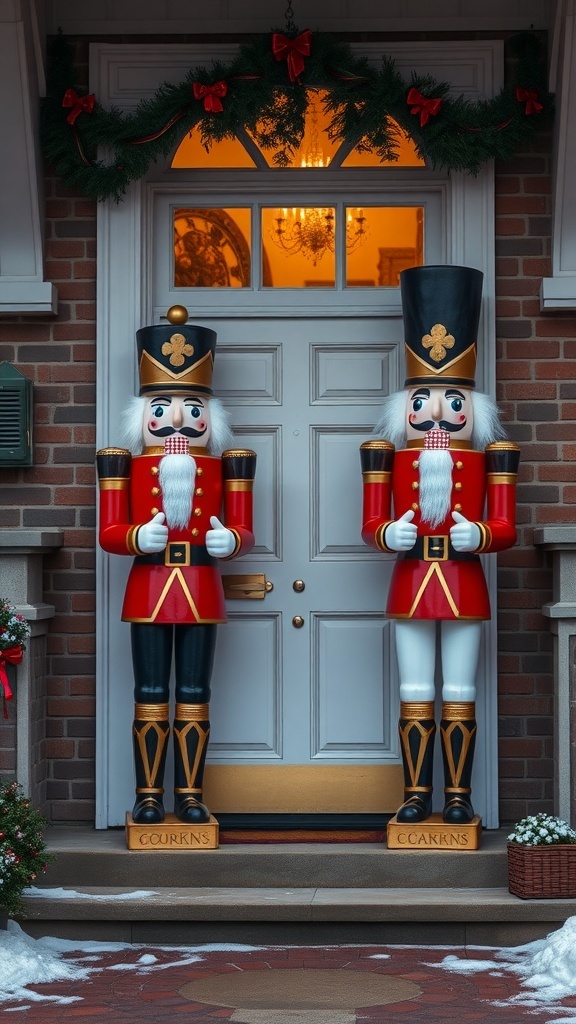Two nutcracker guard statues standing at the entrance of a home, decorated for Christmas.