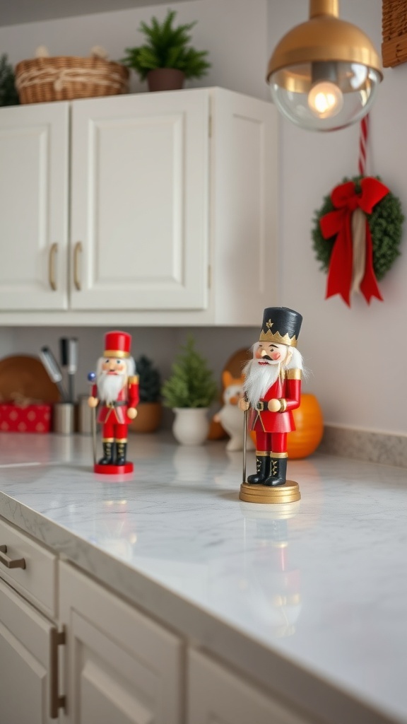 Two nutcracker figurines on a kitchen countertop with festive decorations