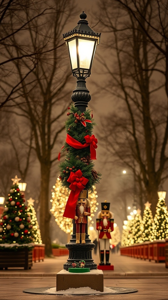 A lamp post decorated with garland and red bows, featuring a nutcracker at its base, surrounded by Christmas trees and lights.
