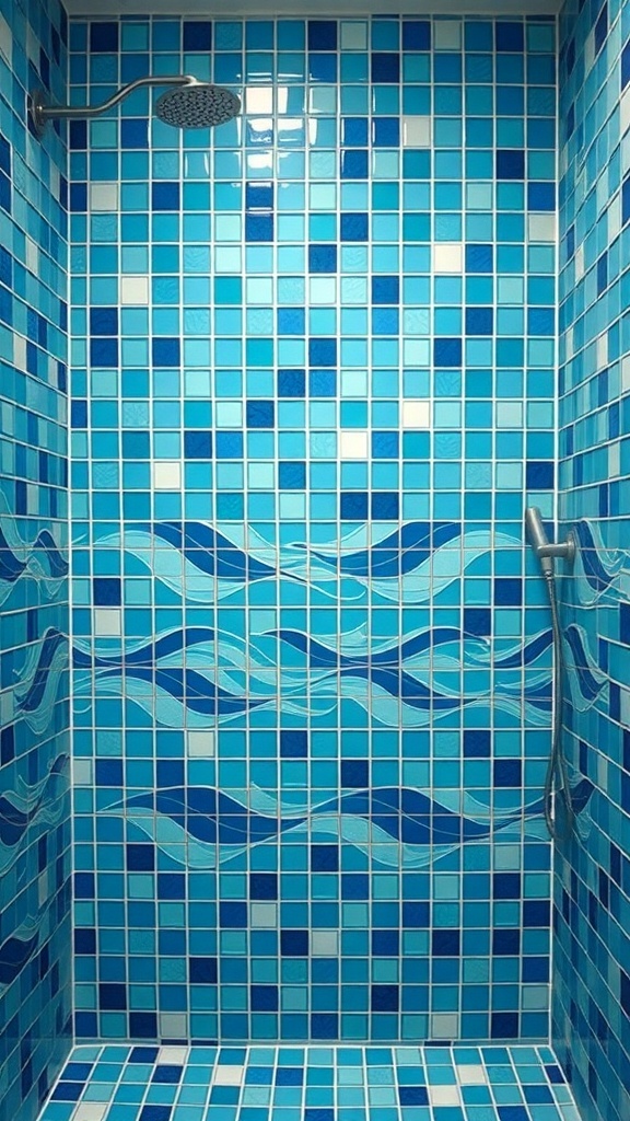A walk-in shower featuring ocean-inspired mosaic tile designs in shades of blue.