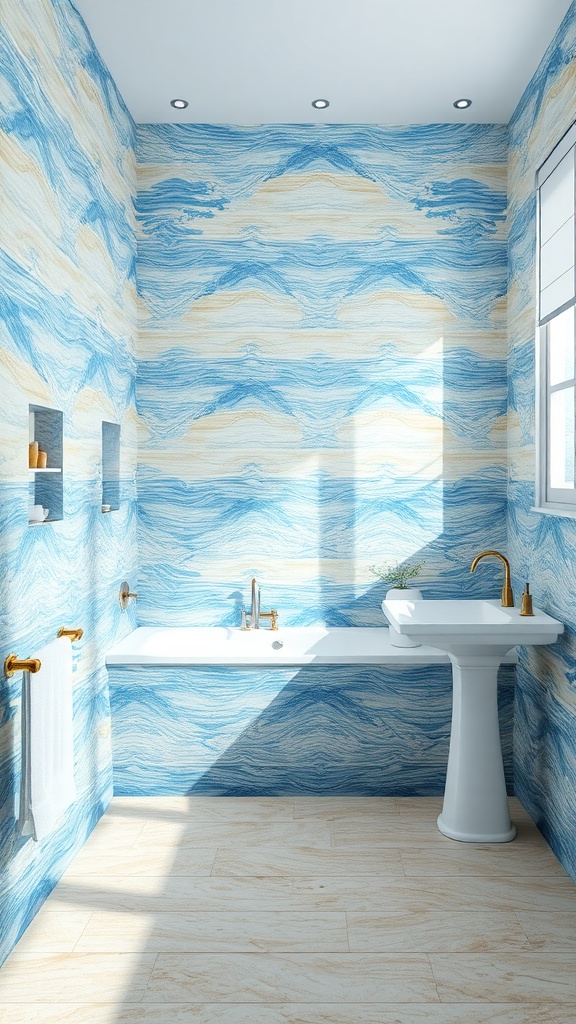 A coastal bathroom featuring ocean-inspired tile designs in blue and sandy tones.