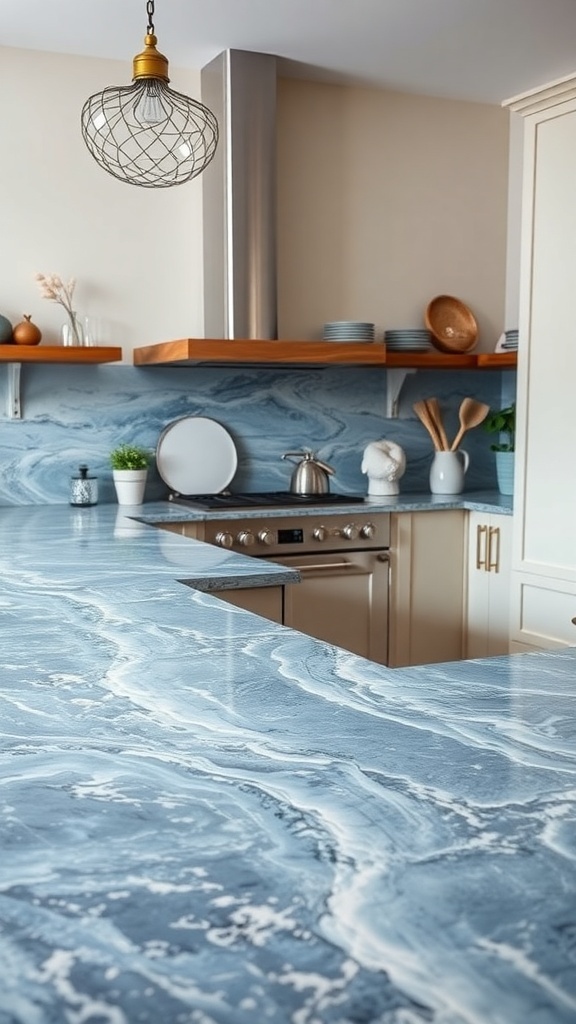 A kitchen featuring Ocean Blue Granite countertops with fluid veining, warm wooden shelves, and modern appliances.
