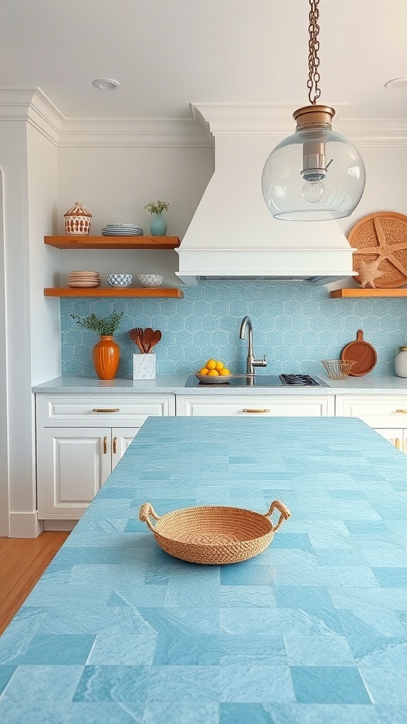A kitchen featuring an Ocean Blue Mix recycled glass countertop with a woven basket on top, complemented by white cabinetry and light blue backsplash.